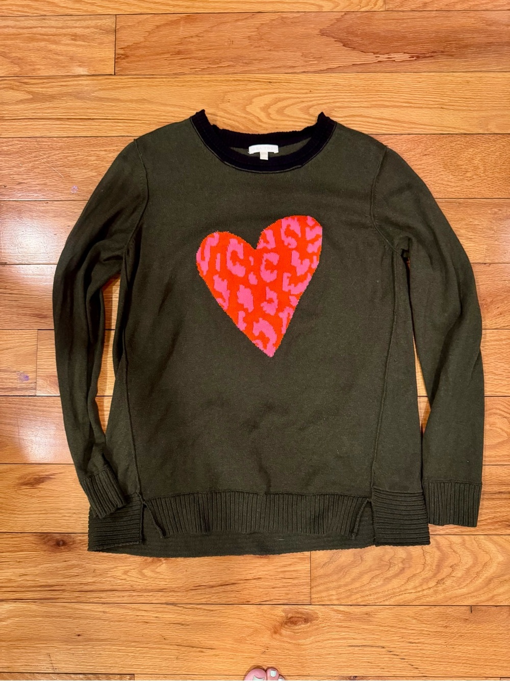 Lisa Todd Olive Green Crewneck Sweater with Red-Pink Heart